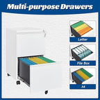 Fesbos 2 Drawers Vertical File Cabinet - Fully Assembled White Under Desk Mobile Filling Cabinet Small Lockable Home Office File Cabinets for A4/Letter/Legal Size