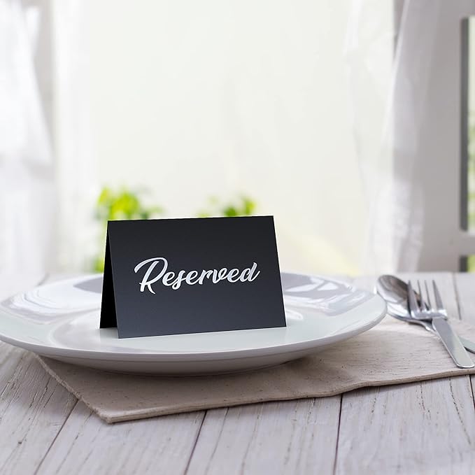 10 Pack Black Reserved Table Signs for Wedding - 3x4 Cardstock Silver Foil Reserved Seating Signs for Weddings - Double Sided Reserved Signs for Tables - Restaurant Table Tent Reservation Cards