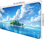 Healing Blue Sky Forest Sea Beach Scenery Keyboard Pad, Extended Office Computer Gaming Desktop Mouse Pad 35.4 x 15.7 Inches Non Slip Rubber Base with Stitched Edges