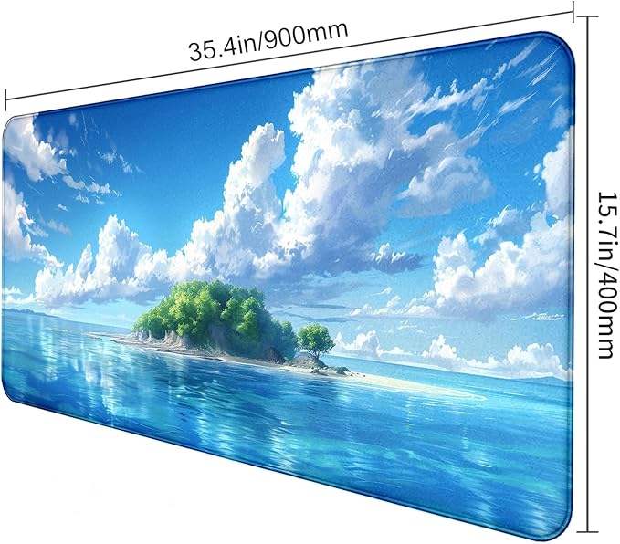 Healing Blue Sky Forest Sea Beach Scenery Keyboard Pad, Extended Office Computer Gaming Desktop Mouse Pad 35.4 x 15.7 Inches Non Slip Rubber Base with Stitched Edges