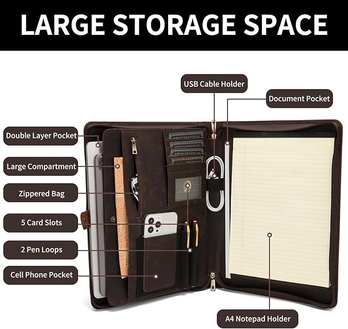 Geslun Genuine Leather Portfolio, Legal Size 8.5 x 14 Pad Holder, Business Padfolio for Men and Women, Zippered 14" Laptop Organizer, Executive Professional Work Travel Notepad Folio, Dark Brown