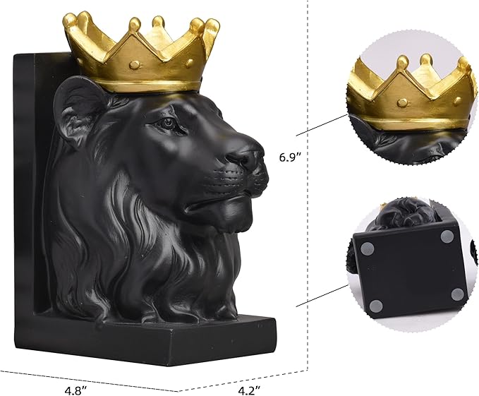 Kakizzy Book Ends Decorative, Lion Bookends for Shelves, Animal Book Stopper Decorative, Modern Book Ends for Heavy Books, Lion Figurines Statues Indoor, Unique Book Lover Gift(Black Lion)