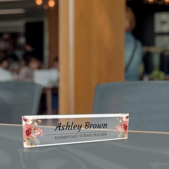Signs ByLITA Floral Pattern Customized Nameplate | Rustic Rose Personalized Full Color Acrylic Desk Sign