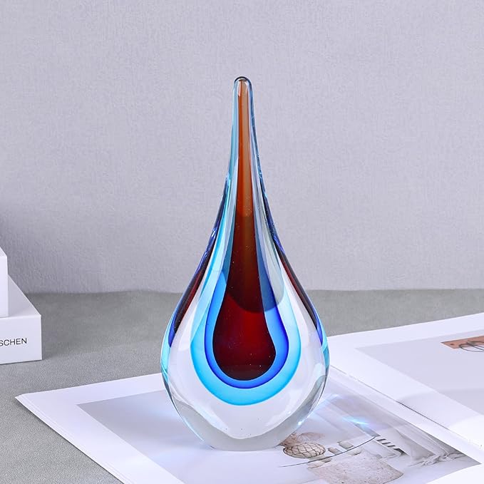 9" Tall Sculpture Hand Blown Glass Decor, Paperweight for Office Desk, Modern Glass Art Figurines Mediterranean Beach House Decor, Living Room Coffee Shelves Table Top Decoration (Red Blue)