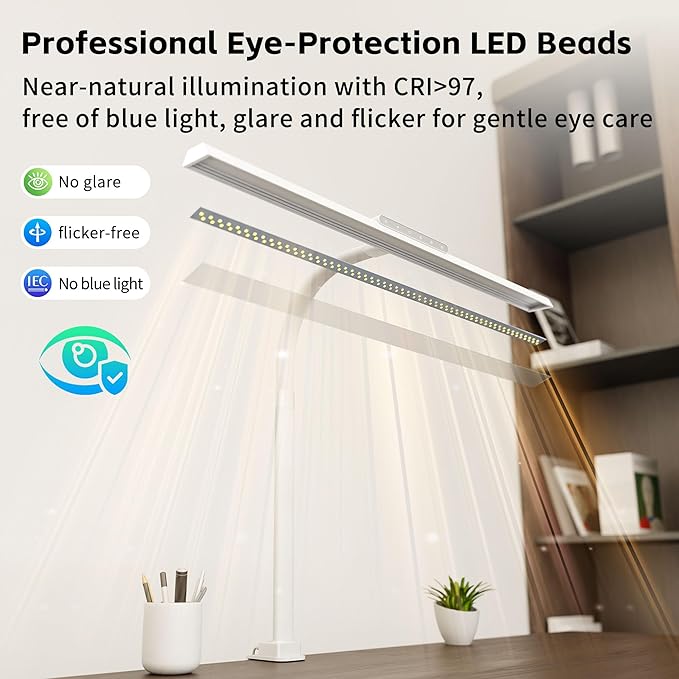 Desk Lamp with Clamp, LED Eye-Caring Clip on Desk Lights for Home Office, Tall Touch Control Dimmable Computer Light with Color Changing, 24W Brightest Architect Desktop Lamp for Screen, White