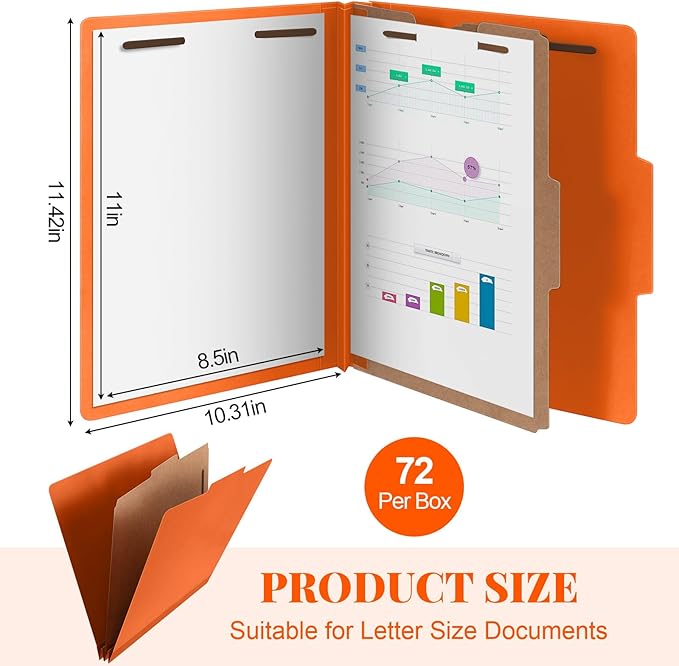 Skyygemm 72 Pcs Classification Folders Letter Size, 1 Divider Pressboard File Folder with Fasteners, Expanding File Organizer Bulk for School Teachers, Office Employee, Coworker, Staff (Orange)