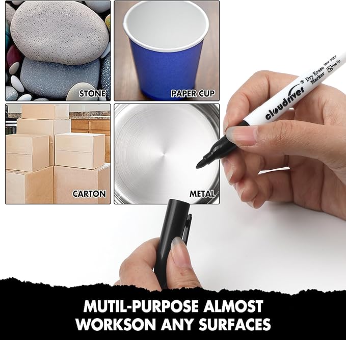 cloudriver Fine Tip Dry Erase Markers Black, 60 Pack Black Whiteboard Markers Bulk, Low-Odor, Ideal For School Office Home Use