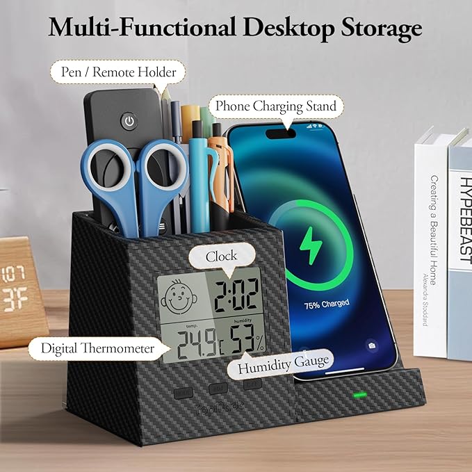 TopMade Wireless Charger with Pen Remote Holder, Multi-Functional Leather Nightstand Organizer Fast Charging Station, Digital Thermometer and Humidity Gauge, Desktop Storage (Black Carbon Fiber