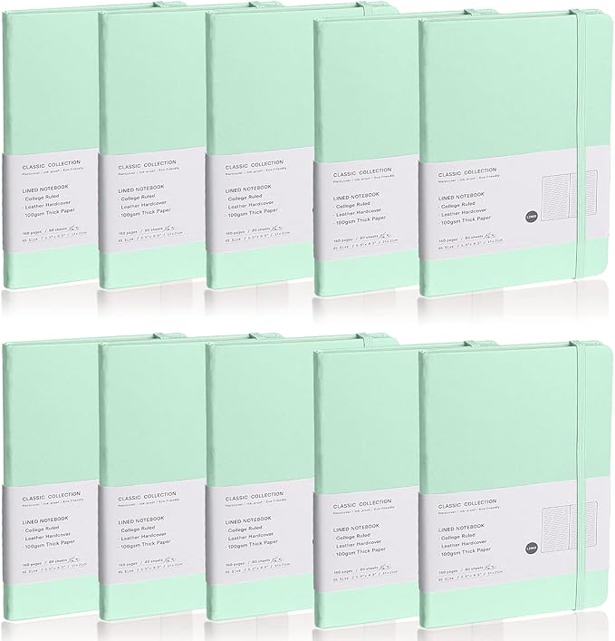 EMOMAS Lined Journal Notebook, 10Pack Hardcover Notebook for Men & Women – Journals for Writing, Work, School, Home & Daily Notes, 160 Pages – Medium A5, 5.7"x8", 100 gsm Thick Paper (Eggshell Green)