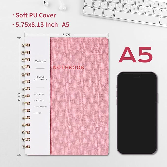 Spiral Notebook-5.75" x 8.125" College Ruled Journal with Inner Pockets and 160 Pages,PU Leather Cover Business Journal, Twin-Wire Binding Notebook Perfect for Office & Home School Supplies 3 pack Pink/NavyBlue/Black