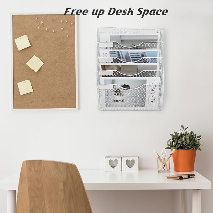 EASEPRES Mail Organizer Wall Mount Hanging File Holder Storage, Metal Chicken Wire Magazine Rack 5 Tier, White