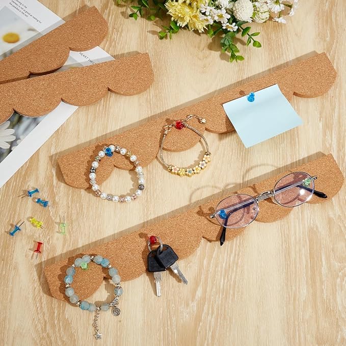 SOFPLATE 4Pcs Bulletin Bar Strip Cork Board Strips 14.6 x 2 Inch Self Adhesive Scalloped Frameless Cork Pin Notice Board for Classroom Office Home Cubicle Wall Decoration Hanging Photos Note Schedules