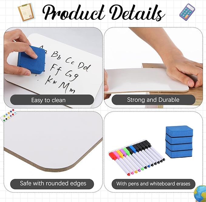 Affrolling 12 Sets Small Whiteboard Dry Erase Boards 5" x7'' Mini Double Sided Dry Erase Lap Boards with Markers Erasers Pen Holders Personal Whiteboards for Students Classroom Teacher