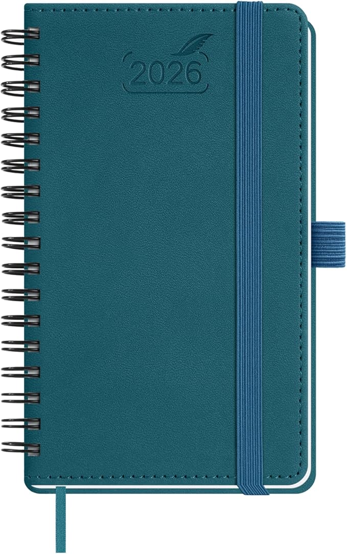 BEZEND Pocket Calendar 2026 Weekly and Monthly (3.5" x 6" Spiral) Small Daily Planner for Purse (Jan-Dec) with Notes & Expenses, Inner Pocket, Pen Holder, Vegan Leather Softcover - Dark Green