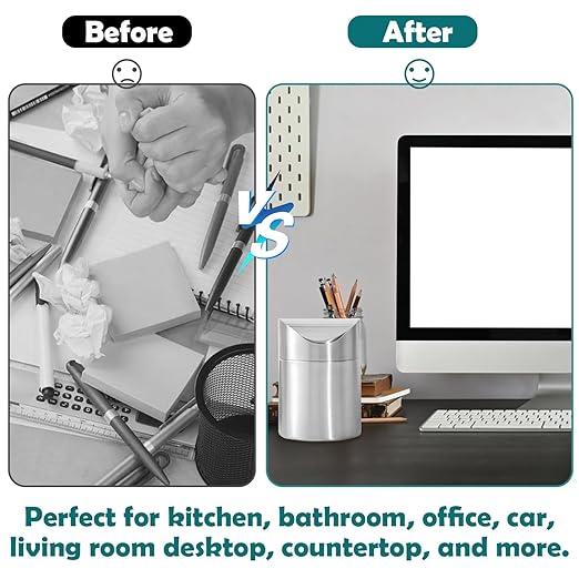 Chemlliy Mini Trash Can, Tiny Desktop Trash Bin with Swing Lid, Stainless Steel Bathroom Countertop Garbage Cans Kitchen Waste Bins with Trash Bag