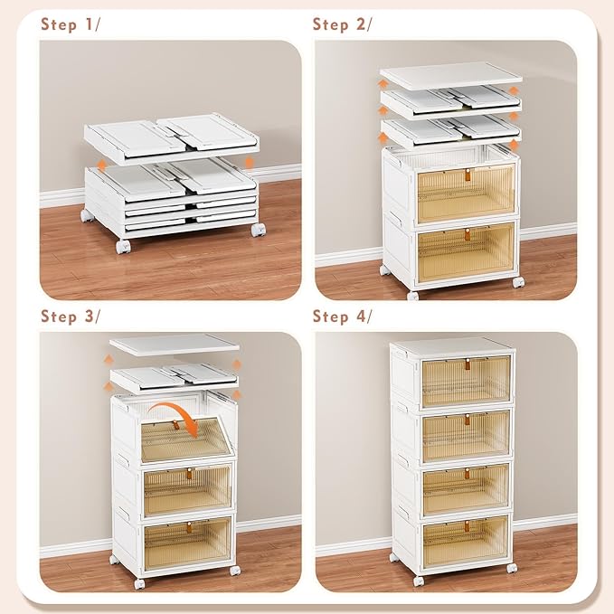 CTSNSLH 4 Tier Plastic Storage Bins and Boxes Organizer - 28Qt Stackable with Lids for Bedroom, Living Room, Office - Foldable Containers, Household Organization