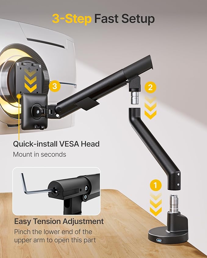 monTEK Single Monitor Arm with USB for 17-40 Inch Screens, Up to 24.25lbs, Heavy Duty Monitor Mount with VESA Mount, Full Motion Adjustment Monitor Stand C-Clamp/Grommet Base,MA1010UCBK