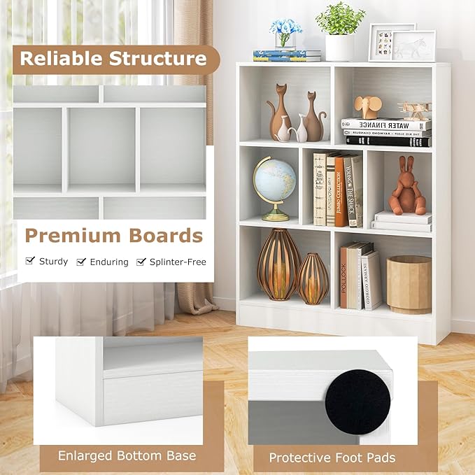 Tangkula 7-Cube Bookshelf, 41” Floor Bookcase with 2 Anti-Tipping Kits, Freestanding Storage Organizer, 4-Tier Display Shelf for Home, Office & Dorms, Natural/White (White, 7-Cube)
