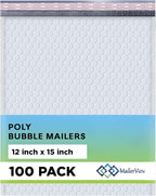 White Large Poly Bubble Mailers 12x15 inch | Self Seal Padded Envelopes Cushioned Bubble Mailer | Usable Size 12x15 | WaterProof | Lightweight mailing Shipping Bags | 100 Pack Bulk | USA Made