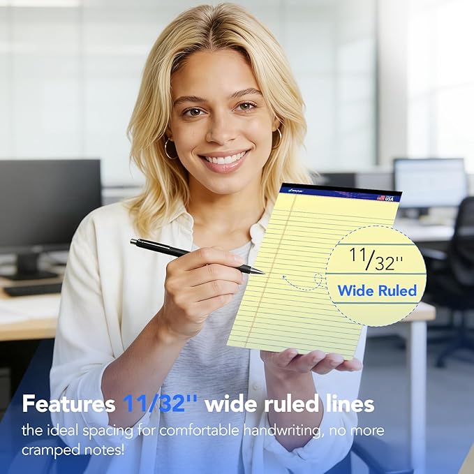 WritePads Legal Pad 8.5"x14" Note Pad,Wide Ruled Writing Pad,Canary Paper,6 Pack,50 Sheets Per Pad,Micro perforated Notepad,Made in the USA