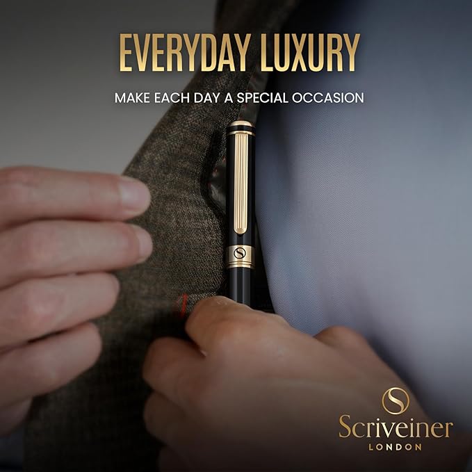 Scriveiner Luxury Fountain Pen - Stunning Black Lacquer Pen, Real Gold Finish, Schmidt Gilded Nib (Medium), Converter, Best Pen Gift Set for Men & Women, Professional, Executive, Office, Nice Pens