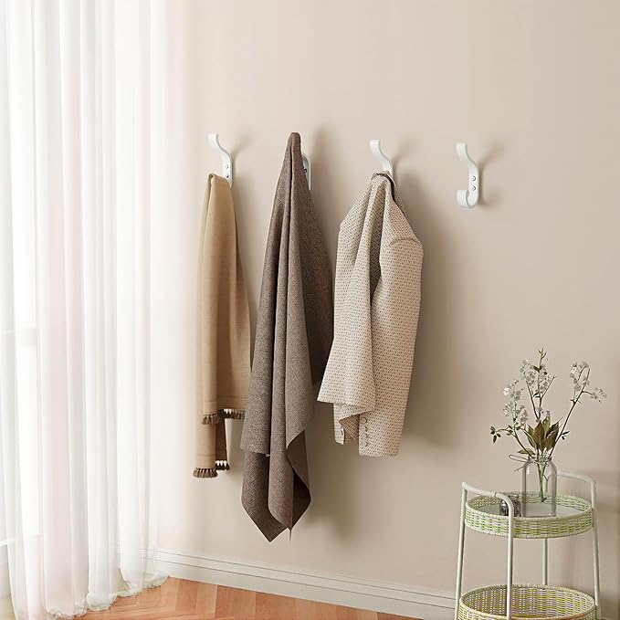 Large Wall Hooks for Hanging Coats - Wall-Mounted Heavy Duty, Holds 30 lbs, Door Hook for Backpacks, Clothes, Towels, Hats, Purses, Screw-in Hooks for Bathroom, Mudroom, Farmhouse (White, 4 Pack)