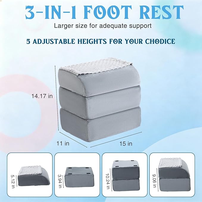 Novabright Foot Rest Under Desk at Work with 3 Adjustable Height, Non-Slip Ergonomic Foot Stool with Gel Top and Warm Pocket for Home Office Car Leg Back Rest(15" X 11" X 14.4",Cambered,Gray)