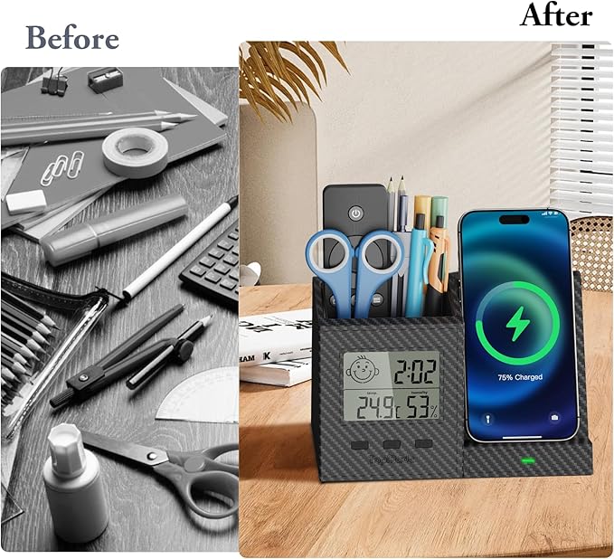 TopMade Wireless Charger with Pen Remote Holder, Multi-Functional Leather Nightstand Organizer Fast Charging Station, Digital Thermometer and Humidity Gauge, Desktop Storage (Black Carbon Fiber