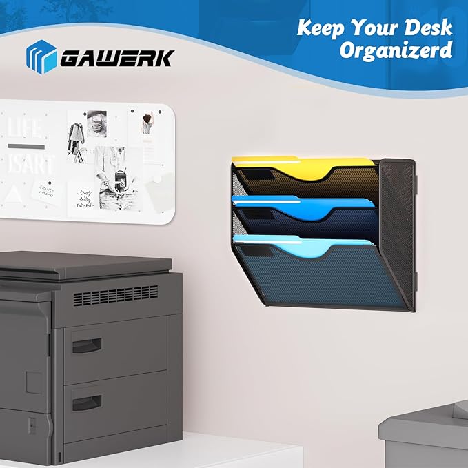 Gawerk 3 Tier Hanging Wall File Organizer, Mesh Mail Paper Orgnization Hanging File Folder Holder for Home Office, Black