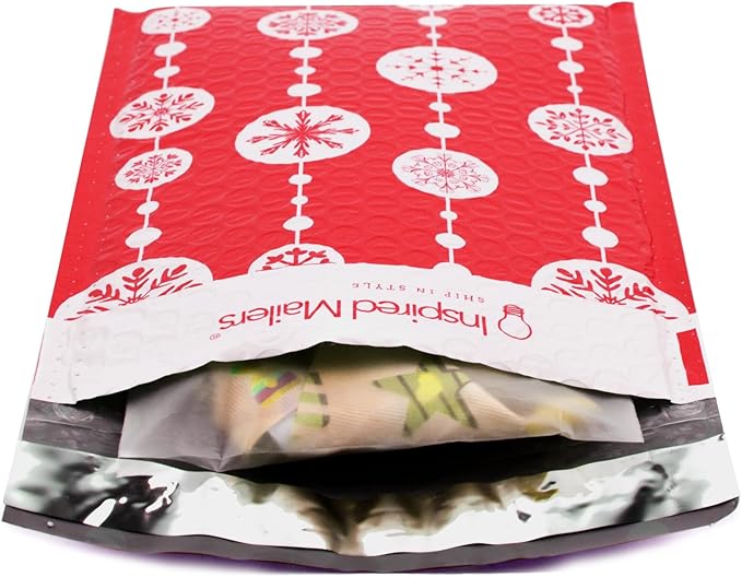 Bubble Mailers 6x9" - Red Snowflake Baubles with Writable Area - 25 Pack - Holiday Poly Padded Envelopes and Bubble Shipping Mailers