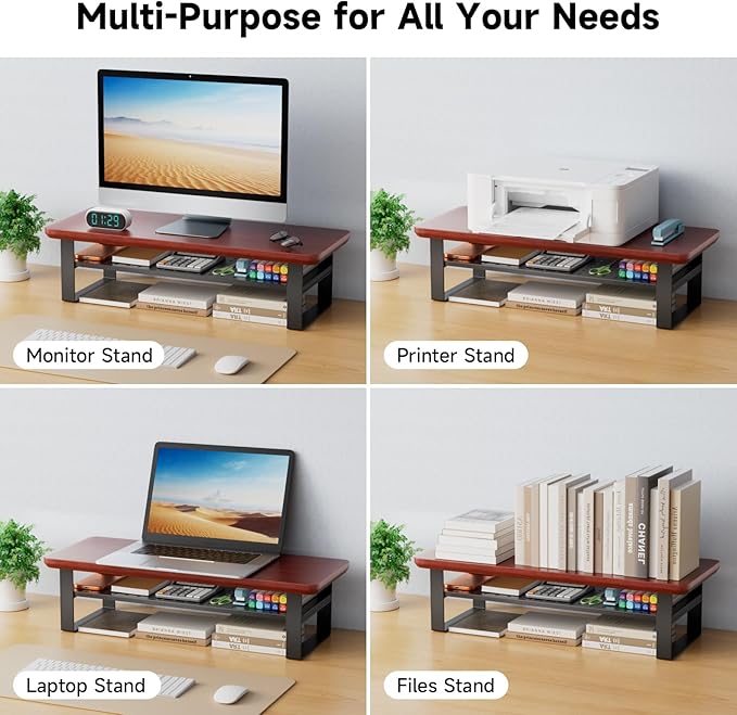 NestNeat Monitor Stand Riser, 24 Inch Computer Monitor Stand for Desk, 2-Tier Wood Desk Shelf Organizer with Storage, Desktop Stand for Laptop/Screen/PC/Printer, Ergonomic Home Office Monitor Stand