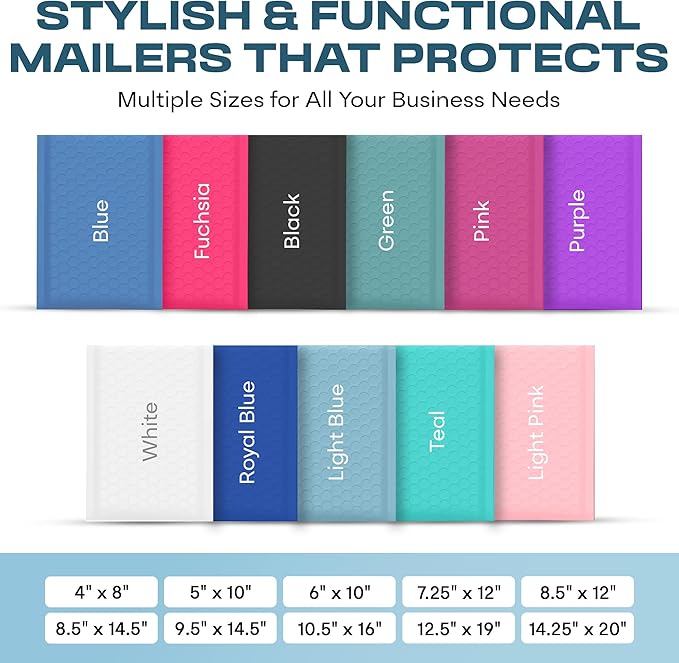 Light Blue 12.5x19.5 Inch Large Poly Bubble Mailers #6 | Padded Envelopes with Self Seal | Air Lined Cushioned Bubble Mailer | Usable Size 12.5x15 | 100 Pack Bulk | Lightweight shipping Bags