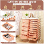 COSTWAY 15-Drawer Rolling Storage Cart, Mobile Utility Cart with Heavy-duty Frame & Lockable Wheels, Multipurpose Storage Organizer for Tools, Paper, Home, Office, School, Peach