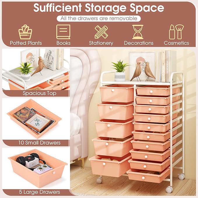 DORTALA 15-Drawer Rolling Storage Cart with Drawers, Rolling Utility Cart w/Removable Drawers & Universal Wheels, Tools Scrapbook Paper Organizer for School, Office, Home, Classroom (Light Pink)