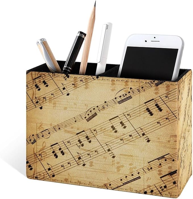 Famame Retro Piano Music Score Pencil Holder for Desk, Leather Desktop Container Pen Cup Storage Study Table Pen Organizer Makeup Brushes Holder for Office Home