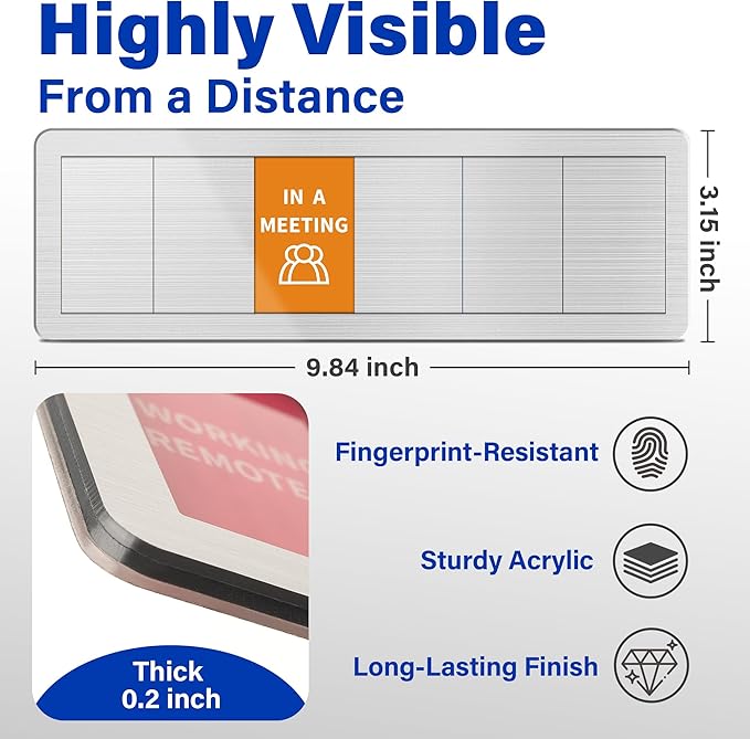 Office Door Signs with 6 Printed Status Options – Do Not Disturb, Out of Office, In a Meeting, Please Knock, Work from Home, Back Soon – Includes Custom Personalized Blank Sticker for Privacy Workspace or Studio Available and Away