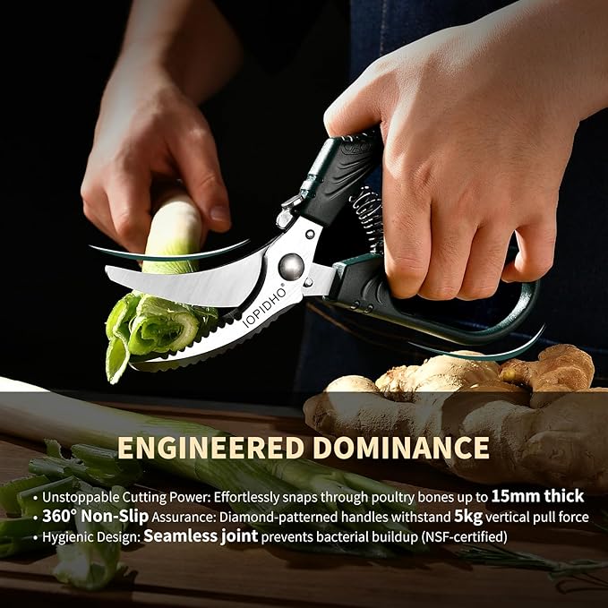 IOPIDHO Heavy Duty Poultry Shears, Kitchen Shears with Non-Slip Handle & Safety Lock, All Purpose Kitchen Scissors for Chicken, Meat Cutting, Turkey, Fish, Vegetables, Spring Loaded, Dishwasher Safe
