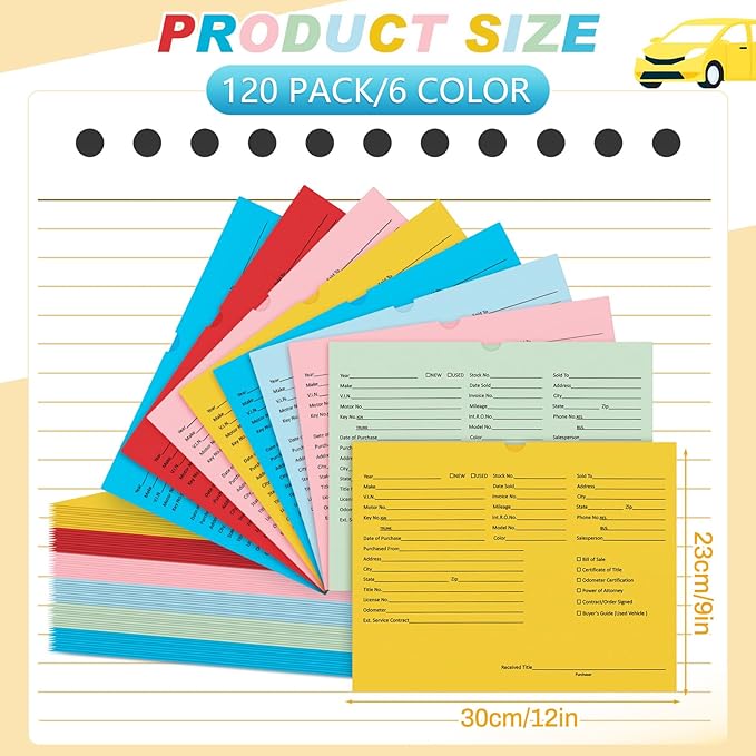 120 Pcs 9 x 12 In Vehicle Dealer Jackets for Car Sales 32lb Colored Printed Deal Envelopes Dealership Supplies File Jackets Automotive Folders for Car Dealerships(Colorful)