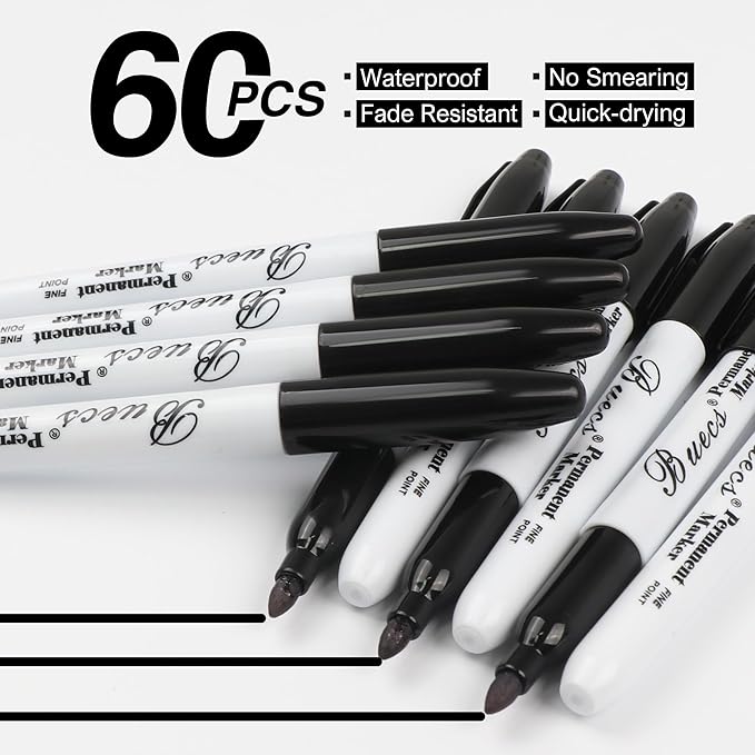 Buecs Permanent Markers, 60 Count Black Permanent Markers, Fine Point, Waterproof & Smear Proof Markers, Quick Drying, Office Supplies for School, Office, Home
