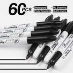 Buecs Permanent Markers, 60 Count Black Permanent Markers, Fine Point, Waterproof & Smear Proof Markers, Quick Drying, Office Supplies for School, Office, Home
