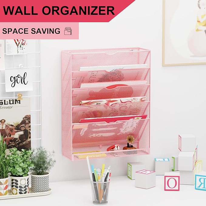GDINDINFAN Hanging Wall File Organizer 6 Tier Wall Mounted Mail Paper Folder Holder Document Organization Stand, Vertical Desk Magazine Rack for Office Home Cubicle Countertop, Pink