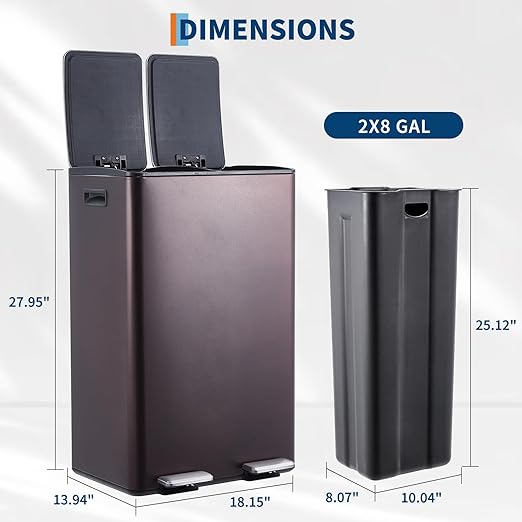 Garvee Dual Trash Can, 16 Gal (2 x 30 l) Stainless Steel Kitchen Garbage Can with Lid and Inner Bucket, Double Compartment Trash and Recycle Bin Combo with Step Pedal for Home Office, Brown
