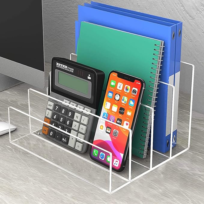 Halyuhn Acrylic File Organizer, 4Sections Clear Desk Organizer for Home Office, Desktop File Folder, Acrylic Mail Organizer Countertop for Notebook, Document and Paper, Clear File Holder,1Pcs