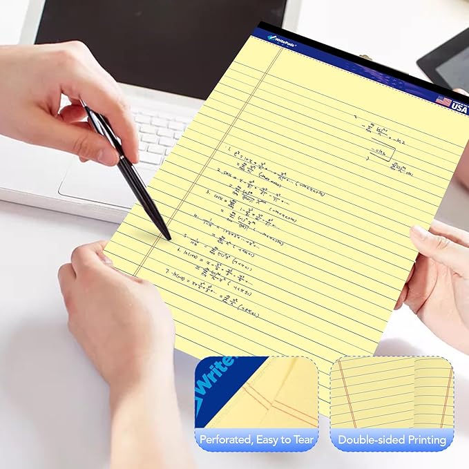 WritePads Legal Pad 8.5"x14" Note Pad,Wide Ruled Writing Pad,Canary Paper,6 Pack,50 Sheets Per Pad,Micro perforated Notepad,Made in the USA