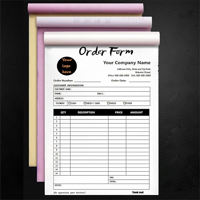 Custom Invoice Book in 3-Part /2-Part Receipt Book with Carbon Copies Personalized Carbonless Service Invoice Form Books Sales Order Book with Company Name Logo Address,B-Order Form Book