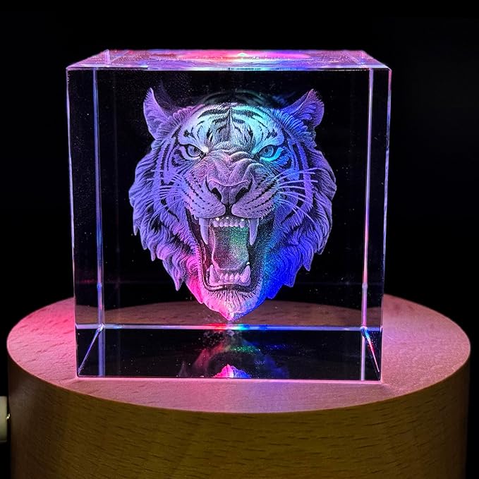 SHTWX 3D Angry Tiger Glass Paperweight(Laser Etched) in Crystal Cube Birthday (No Included LED Base)(2.3x2.3x2.3 Inch)