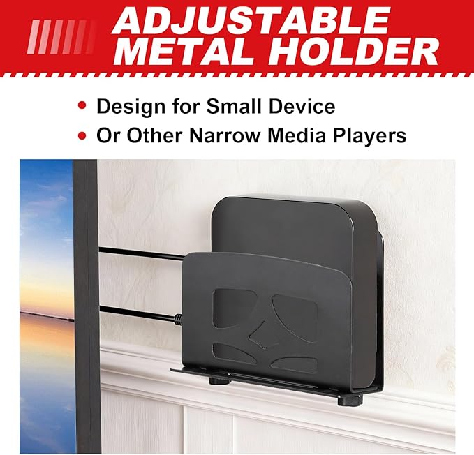 Adjustable Small Device Metal Holder, Wall Mount or VESA Mount Behind TV/Monitor for Cable Box, Modem, Router, Media Player, Switch, WII, mini PC, Mac Mini, OptiPlex MFF, Space Saving Design, Black