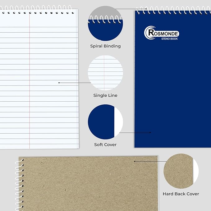 Rosmonde Steno Pads Spiral 6x9 24 Pack, Gregg Ruled Steno Pad, Assorted Colors, 80 Sheets (160 Pages), Bulk B2B Value Pack, Long Lasting, Bulk Steno Notebooks Top Spiral Steno Book for Office & Home
