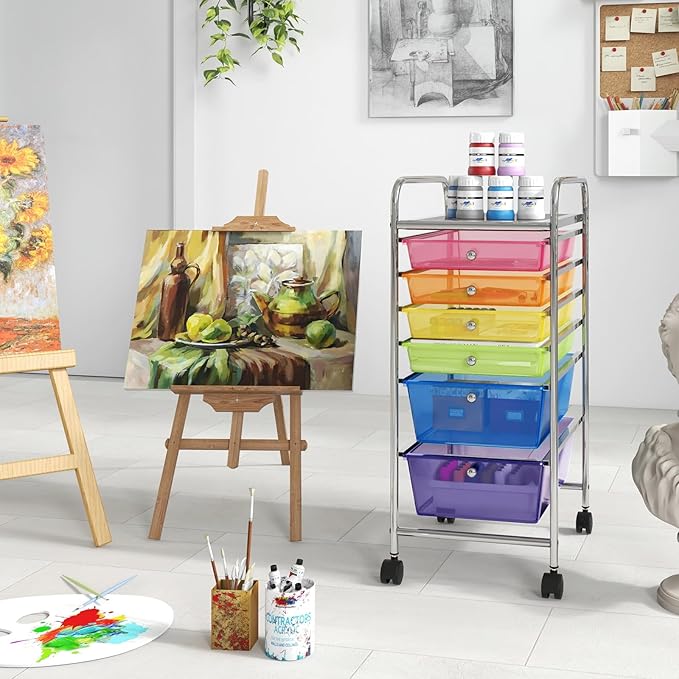 RELAX4LIFE 6-Drawer Rolling Storage Cart - Classroom Organization on Wheels w/Removable Plastic Drawers, Mobile Art Craft Cart for School Paper Home Office, Utility Cart with Drawers (Color)