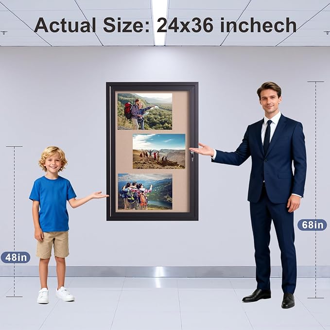 36x24 Inch Lockable Enclosed Bulletin Board, Weather-Resistant Outdoor Noticeboard with Locking Doors, Wall-Mounted Black Aluminum Frame & Cork Presentation Board